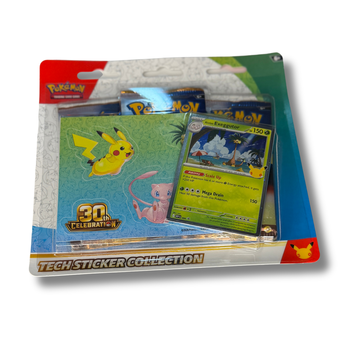 Pokémon Tech Sticker Collection 30th Anniversary blister pack containing a sticker sheet, a card, and booster packs, photographed on a white background.