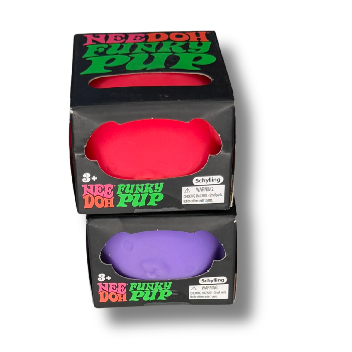 Two boxed novelty toys labeled 'Nee Doh Funky Pup' stacked vertically on a white background. The top box contains a bright red toy, and the bottom box contains a purple toy.