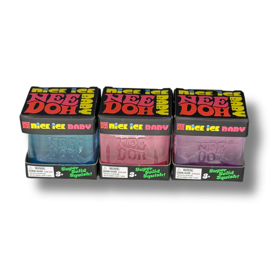 Three boxed packages of Nee Doh Super Soft Squishy toy putty in blue, pink, and purple, arranged side by side on a white background.