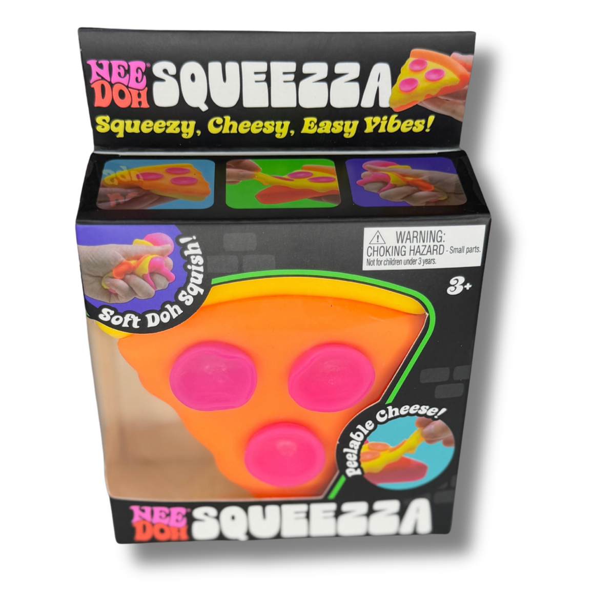Nee Doh Squeezza toy packaging showing a pizza-shaped squeeze toy with three pink circular cheese slices on an orange base, photographed against a plain white background.
