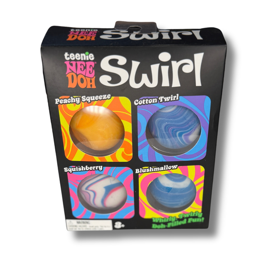 Teenie Nee Doh Swirl toy set in its original black packaging, featuring four colorful swirl balls: Peachy Squeeze, Cotton Twirl, Squishberry, and Blushmallow.