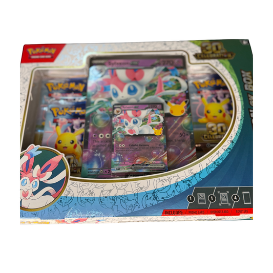Pokémon Trading Card Game 3D Collector Box containing a Pokémon TCG booster pack, a holographic starter card, and a Pikachu card, presented in its original illustrated window box packaging.