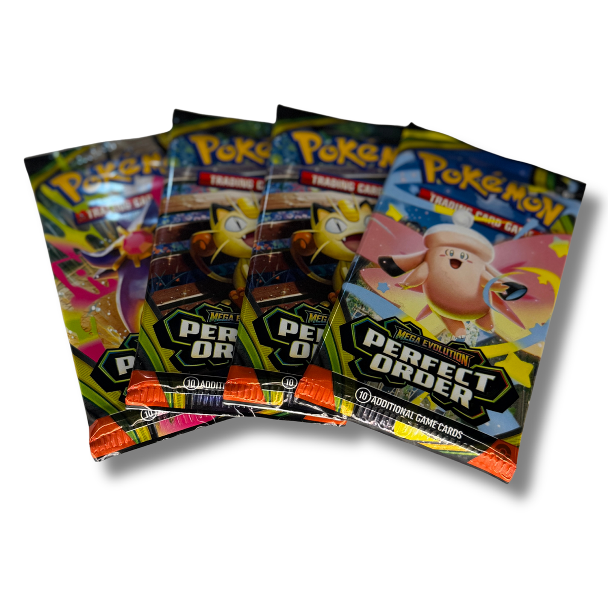 Three Pokémon Trading Card Game Perfect Order booster packs fanned out against a white background.