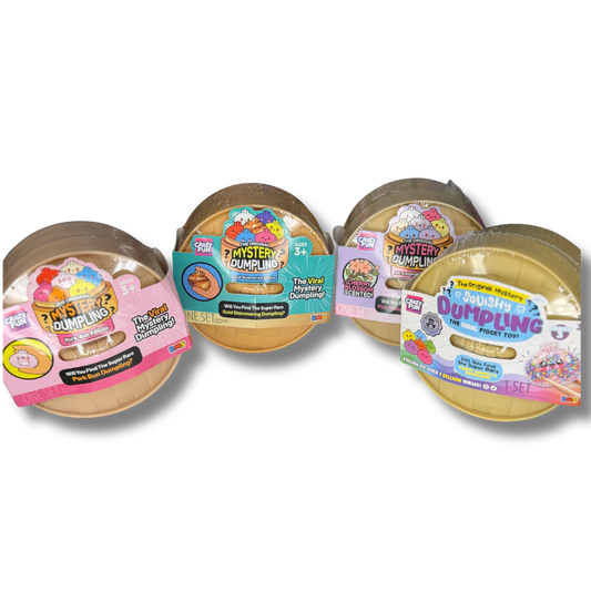 Four round plastic mystery dumpling containers arranged in a row on a plain white background. Each container has a colorful printed label and a clear lid, showing different flavor variants such as Sweet and Sour, The Nut Disher, and Pork and Beef.